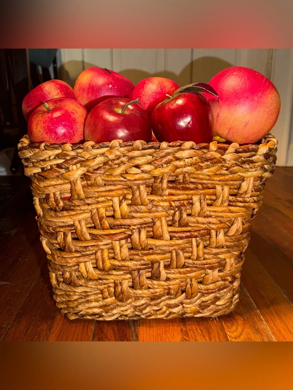 Rustic Woven Basket with Red Decorative Apples -